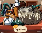 after_sex animal_crossing annoyed bodily_fluids butt canid canine clothing crazy_redd cum cum_on_butt doeswhatever fishnet_clothing fishnet_legwear genital_fluids hi_res legwear looking_at_another male mammal nintendo raccoon_dog speech_bubble tanuki tom_nook_(animal_crossing)
