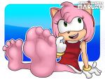  4_toes amy_rose anthro barefoot blush blush_lines clothing dress eulipotyphlan feet female foot_focus gloves green_eyes handwear hedgehog hi_res jamwithmaruko mammal pink_body red_clothing red_dress ring sega sitting solo sonic_the_hedgehog_(series) toes 