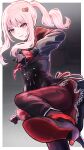  1other absurdres akiyama_mizuki alternate_costume aoi_eno asahina_mafuyu asahina_mafuyu_(cosplay) back_bow black_corset black_gloves black_shirt blush border bow clenched_hands commentary_request corset cosplay cross-laced_clothes cross-laced_corset foot_out_of_frame gloves gradient_clothes gradient_shirt grey_background hand_up high_heels highres incoming_attack incoming_kick kono_hito_hari_ni_omoi_wo_komeru_(project_sekai) long_hair long_sidelocks long_sleeves looking_at_viewer other_focus outside_border pants parted_lips pink_eyes pink_hair project_sekai red_bow red_pants red_shirt red_shoes shirt shoes sidelocks simple_background sleeves_past_wrists smile solo two-tone_shirt underbust white_border 
