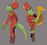  2017 anthro biped blush brass_instrument clothed clothing digital_media_(artwork) flookz green_body headgear headwear hi_res lizard male multiple_angles musical_instrument reptile scalie simple_background smile solo timothyt tongue tongue_out tuba uniform wind_instrument 