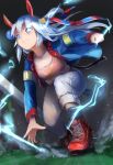  1girl animal_ears aoniyoshi belt black_socks blue_eyes blue_hairband blue_jacket blue_sports_bra boots breasts closed_mouth commentary_request ear_covers electric_eyes electricity grey_hair hair_between_eyes hairband headband highres horse_ears horse_girl horse_tail jacket lightning_bolt_print lightning_bolt_symbol long_hair long_sleeves midriff multicolored_hairband pants red_belt red_boots red_headband small_breasts smile socks sports_bra striped_clothes striped_hairband tail tamamo_cross_(fast_as_lightning)_(umamusume) tamamo_cross_(umamusume) two-tone_hairband umamusume very_long_hair white_pants 