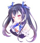  1girl bare_shoulders black_hair blush breasts cleavage eyebrows_visible_through_hair frills hair_ribbon highres long_hair medium_breasts neptune_(series) noire ppppin55 red_eyes ribbon smile solo twintails upper_body very_long_hair 