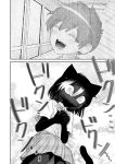  1boy 1girl akama_ichibee_(katsumata_hiroki) animal_ears black_fur black_hair blush body_fur bow bowtie cat_ears cat_girl commentary from_below full-face_blush furry furry_female greyscale hair_between_eyes hands_on_own_chest highres kamoku_dakedo_mechakucha_nori_no_ii_kuroneko-chan katsumata_hiroki kuroi_kuroneko_(katsumata_hiroki) monochrome multicolored_hair no_mouth plaid_bow plaid_bowtie plaid_clothes plaid_skirt remembering shirt short_sleeves skirt streaked_hair sweat translation_request white_shirt white_streaks 