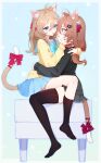  2girls absurdres ahoge animal_ears aqua_bow aqua_bowtie badge black_cardigan black_skirt black_socks black_thighhighs blue_eyes blue_sailor_collar blue_skirt bow bowtie broken_heart broken_heart_hair_ornament brown_hair button_badge cardigan cat_ears cat_girl cat_tail commentary commission english_commentary evil_neuro-sama evil_neuro-sama_(1st_costume) felixkohai from_side full_body hair_between_eyes hair_ornament hand_on_another's_face hands_on_another's_waist heart heart_hair_ornament highres hug incest long_hair long_sleeves miniskirt multiple_girls neuro-sama neuro-sama_(1st_costume) no_shoes pleated_skirt red_bow red_eyes red_ribbon ribbon sailor_collar siblings sisters sitting sitting_on_lap sitting_on_person skirt skull_hair_ornament socks tail tail_bow tail_ornament thighhighs tongue tongue_out torn_hair_ribbon twincest twins vedal_ai virtual_youtuber yellow_cardigan 