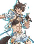  1boy :d abs absurdres animal_ear_earrings animal_ear_fluff animal_ears blue_eyes blue_gem blue_shorts blush braid brown_hair chocoball0505 cleavage_cutout clothing_cutout collar colored_shadow commentary_request cowboy_shot crop_top cropped_jacket drop_shadow earrings fangs fluffy_tail garu_(nu_carnival) gem gradient_shorts groin hair_between_eyes highres holding holding_microphone hood hooded_jacket jacket jewelry looking_at_viewer male_focus microphone multicolored_hair multiple_earrings necklace nu_carnival official_alternate_costume one_eye_closed open_clothes open_jacket open_mouth outstretched_arm scar scar_on_arm scar_on_face scar_on_leg scar_on_nose scar_on_stomach see-through_clothes see-through_jacket shadow shell shell_necklace short_hair short_sleeves shorts side_braid smile solo sparkle spiked_collar spikes stomach streaked_hair stud_earrings tail tassel v white_jacket white_shorts wolf_boy wolf_ears wolf_tail 