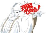  1boy ace_attorney blue_archive colored_skin commentary_request hat hollow_eyes long_sleeves male_focus nameless_priest_(blue_archive) nyaru_(nyaru_4126) objection pointing robe simple_background solo translation_request upper_body white_background white_hat white_robe white_skin wide_sleeves 