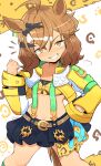  ahoge animal_ears bandeau belt blue_skirt braid breasts brown_belt brown_hair clenched_hand grin hair_between_eyes hair_ornament hairclip half_up_braid half_up_half_down_braid highres horse_ears horse_girl horse_tail jacket jellcaps jewelry jungle_pocket_(champion's_battle_cry)_(umamusume) jungle_pocket_(umamusume) long_sleeves looking_at_viewer medium_hair navel open_clothes open_mouth skirt small_breasts smile tail teeth umamusume yellow_bandeau yellow_eyes yellow_jacket 