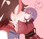  2girls absurdres black_hair black_sash blue_bow blue_bowtie blush bow bowtie closed_eyes collared_dress commentary_request cone_horns cowboy_shot dress from_side heart highres horns japanese_clothes kijin_seija kimono leaf_print mini_person minigirl multicolored_hair multiple_girls nuzzle obi pink_background purple_hair red_hair red_kimono sash short_hair size_difference smile speech_bubble streaked_hair sukuna_shinmyoumaru sweat takeyasu510 touhou white_dress white_hair wide_sleeves yuri 