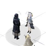  1other 2girls arknights black_jacket coat doctor_(arknights) grey_coat hat highres hood hooded_jacket horns ifrit_(arknights) jacket multiple_girls owl_ears platinum_blonde_hair ptilopsis_(arknights) rhine_lab_logo silver_hair user_gzde8744 