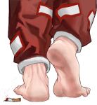  1girl absurdres barefoot cigarette cigarette_butt close-up commentary dirty dirty_feet feet feet_only foot_focus from_behind fujiwara_no_mokou highres jager ofuda ofuda_on_clothes pants plantar_flexion red_pants simple_background smoke soles solo toes touhou untranslatable_commentary white_background 