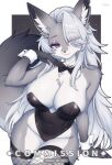  1girl animal_ear_fluff animal_ears animal_nose artist_name bare_shoulders black_background black_bow black_fur black_leotard border bow breasts cleavage closed_mouth commentary commission covered_navel curtained_hair detached_collar english_commentary eyeshadow fishnet_thighhighs fishnets fox_ears fox_girl fox_tail furry furry_female gradient_eyes gradient_fur hair_over_one_eye hand_on_own_face highres large_breasts leotard long_hair looking_at_viewer makeup mo_(k40633) mole mole_under_eye multicolored_eyes original pawpads pink_eyes purple_eyes purple_eyeshadow purple_nails seductive_smile signature sleeveless smile snout solo strapless strapless_leotard tail thighhighs thighs twitter_username two-tone_fur very_long_hair white_border white_fur white_wrist_cuffs wrist_cuffs 