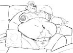 anthro bear beard belly big_belly big_moobs big_nipples bodily_fluids body_hair chest_tuft chip_bag clothed clothing controller eating facial_hair fupa furniture genital_fluids happy_trail hi_res holding_object looking_at_viewer male mammal moobs navel nipple_piercing nipples overweight overweight_male piercing polar_bear precum precum_through_clothing remote_control sitting sketch smile sofa solo tcw tcw_(character) topless tuft ursine wet wet_clothing