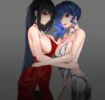  2girls azur_lane backless_dress backless_outfit bangs bare_shoulders black_hair blue_hair breast_press breasts choker cleavage cocktail_dress dress evening_gown from_side grey_background grey_dress hair_between_eyes halter_dress highres holding_another jewelry large_breasts long_hair looking_at_viewer multiple_girls necklace pink_eyes plunging_neckline red_choker red_dress red_eyes revealing_clothes rup4jp6jp6 side_ponytail side_slit sidelocks silver_dress smile st._louis_(azur_lane) st._louis_(luxurious_wheels)_(azur_lane) symmetrical_docking taihou_(azur_lane) taihou_(forbidden_feast)_(azur_lane) very_long_hair 