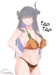  bikini black_hair black_horns blue_hair burger cowboy_shot cressentiaqin food highres hololive hololive_english horns meme mole mole_under_eye multicolored_hair navel nerissa_ravencroft partially_invisible purple_eyes simple_background swimsuit tap_me_(meme) transparent_background two-tone_hair virtual_youtuber 