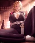  1girl absurdres artist_name badge bleach bleach:_sennen_kessen-hen blonde_hair blue_eyes blush bottle breasts fukutaichou_badge highres large_breasts looking_at_viewer matsumoto_rangiku mika_dawn mole mole_under_mouth parted_lips pink_shawl shawl shihakusho shinigami short_hair shouji sitting sliding_doors slippers solo 