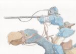  1girl aiming aviator_cap belt black_belt blue_boots blue_dress boots commentary_request creature dress feet_out_of_frame from_side gun holding holding_gun holding_reins holding_weapon kaufmann_bach kaze_no_tani_no_nausicaa knee_boots knife_sheath long_sleeves nausicaa profile reins riding rifle saddle saddlebags sheath sheathed short_dress simple_background solo standing sword traditional_media weapon 