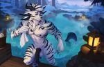 2026 anthro areola balls barbel_(anatomy) biped claws countershade_torso countershading digital_drawing_(artwork) digital_media_(artwork) dragon ear_piercing equid equine eyebrow_piercing facial_piercing fingers flesh_whiskers front_view fur furred_dragon furred_scalie genitals hair hi_res horn hot_spring hybrid lamp lantern lynncore male mammal muscular muscular_anthro muscular_male mythological_creature mythological_scalie mythology navel nipple_piercing nipples nitro_(nitrozerg) nose_piercing nude nude_anthro nude_male outside partially_submerged penis piercing scalie smile solo standing stripes tail teeth water zebra