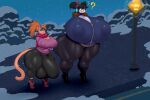 absurd_res anthro areola areola_outline avian balls beak ber00 big_areola big_balls big_breasts big_bulge big_penis bird black_hair blue_body boots bottomwear breasts brown_body brown_hair bulge bus_stop_sign clothing domestic_cat duo ear_piercing ear_ring eyewear felid feline felis female footwear genitals glasses gynomorph hair half-closed_eyes hi_res high_heeled_boots high_heels huge_balls huge_breasts huge_bulge huge_hips huge_penis huge_thighs hyper hyper_balls hyper_breasts hyper_bulge hyper_genitalia hyper_hips hyper_penis hyper_thighs intersex mammal narrowed_eyes open_mouth pants penguin penis piercing purple_eyes ring_piercing scarf shoes smile sweater thick_thighs topwear wide_hips