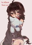  1girl ahoge animal_collar animal_ears bandages bandaid bandaid_on_face blood blood_on_face bone_hair_ornament bow bow_panties brown_eyes brown_hair bruise bruise_on_face cardigan collar commission cuts dog_ears dog_girl dog_tail ears_down full_body glasses hair_between_eyes hair_ornament highres holding holding_stuffed_toy indie_virtual_youtuber injury long_sleeves looking_at_viewer medium_hair myi_korosi no_pants nosebleed off_shoulder panties red_collar self-harm simple_background sitting skeb_commission sleeves_past_fingers sleeves_past_wrists solo striped_clothes striped_panties stuffed_animal stuffed_toy sweat tail thighhighs underwear wariza white_background white_thighhighs x_hair_ornament 