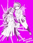  0kn9kt2 2girls ahoge closed_mouth collared_shirt commentary_request copyright_name danganronpa_(series) danganronpa_another_episode:_ultra_despair_girls eyelashes fukawa_toko full_body glasses hair_between_eyes hatching_(texture) holding holding_megaphone long_hair long_skirt long_sleeves megaphone monochrome multiple_girls naegi_komaru neckerchief open_mouth pink_background scar scar_on_leg school_uniform serafuku shirt shoes short_hair short_sleeves simple_background skirt socks split_mouth tally teeth thighhighs torn_clothes torn_skirt upper_teeth_only 