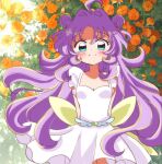  1girl ahoge akechi_anna aqua_eyes biwako_(biwa27) cure_answer double_bun dress flower hair_bun hair_intakes highres long_hair looking_at_viewer meitantei_precure! orange_flower precure primrose_(flower) purple_hair side_up_bun sleeveless sleeveless_dress smile solo very_long_hair white_dress 