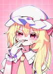  1girl ascot blonde_hair commentary_request flandre_scarlet frilled_shirt_collar frilled_wrist_cuffs frills grid_background hat highres illust_atelier3 looking_at_viewer mob_cap one-hour_drawing_challenge one_side_up pink_background pink_vest red_eyes shirt signature solo sweat touhou upper_body vest white_hat white_shirt wrist_cuffs yellow_ascot 