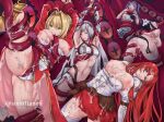  5girls ahoge altera_(fate) anal ass black_hair boudica_(fate) braid braided_base breasts bun_with_braided_base commentary_request completely_nude dark-skinned_female dark_skin demon_pillar_(fate) detached_sleeves double_penetration dress fate/grand_order fate_(series) flower grabbed_by_tentacles green_eyes hair_between_eyes hair_bun hair_flower hair_intakes hair_ornament hairband headdress highres jing_ke_(fate) large_breasts leotard long_hair medium_breasts multiple_girls navel nero_claudius_(fate) nero_claudius_(fate/extra) nipples nude purple_eyes purple_hair red_eyes red_hair restrained revision shimoda_gen short_hair skirt spitroast stheno_(fate) tentacle_sex tentacles torn_clothes torn_dress torn_skirt twintails twitter_username vaginal veil very_long_hair white_hair white_leotard 