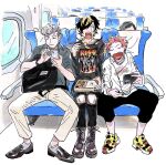  3boys 4others :/ aimono_jyushi airplane_interior amaguni_hitoya backpack bad_ass_temple bag bag_on_lap band_shirt bento black_bag black_boots black_hair black_nails black_pants black_shoes blonde_streaks boots bracelet capri_pants cellphone chopsticks closed_eyes collarbone collared_shirt commentary_request crying dot_nose ear_piercing earbuds earphones earrings eyelashes facial_hair fang faux_traditional_media food fruit full_body goatee_stubble grey_hair grey_shirt grey_socks hair_over_one_eye hand_up hands_up harai_kuko holding holding_chopsticks holding_phone hypnosis_mic jewelry kate_jgk kiss_(rock_band) knees lace-up_boots legs_together loafers long_hair long_sleeves looking_at_phone lotus_print male_focus manspreading mature_eyes mature_male merchandise mole mole_under_eye multicolored_hair multiple_boys multiple_earrings multiple_others necklace open_mouth pale_skin pants pants_tucked_in peanut_mouth phone piercing plug_(piercing) pompadour print_shirt raised_inner_eyebrows red_hair rice shirt shoes short_hair shrimp shrimp_tempura silver_necklace sitting smartphone sneakers socks spread_legs streaked_hair streaming_tears stubble tears tempura torn_clothes torn_pants torn_shirt u_u umeboshi v-shaped_eyebrows very_short_hair watercolor_effect white_background white_pants white_shirt yellow_shoes 
