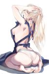  1girl apron armpits arms_up ass ayakumo barefoot blonde_hair blue_apron blue_eyes blush breasts eyebrows_visible_through_hair french_flag hair_between_eyes highres kantai_collection large_breasts long_hair looking_at_viewer mole mole_under_eye richelieu_(kantai_collection) sitting soles solo 