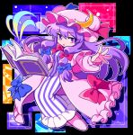  1girl :o abstract_background black_background black_border blue_background blue_bow blue_ribbon book border bow casting_spell commentary_request crescent crescent_hat_ornament double-parted_bangs double_bun dress floating floating_book floating_hair floating_object frilled_sleeves frills hair_between_eyes hair_bow hair_bun hat hat_ornament hat_ribbon highres ishiki_nuru jacket jacket_bow layered_sleeves long_hair long_sleeves looking_at_viewer magic mob_cap open_book open_mouth orange_background outline outstretched_arms patchouli_knowledge pink_hat pink_jacket pink_shoes purple_background purple_dress purple_eyes purple_hair reading red_background red_bow red_ribbon ribbon shoes short_over_long_sleeves short_sleeves signature solo striped_clothes striped_dress touhou white_dress white_outline 