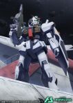  aeug argama bandai beam_rifle commentary_request copyright_notice energy_gun green_eyes gundam gundam_arsenal_base gundam_mk_ii logo mecha mecha_focus mixed-language_text mobile_suit no_humans official_art realistic robot scene_reference science_fiction shield siratori_(yy_203) space star_(sky) takeoff title v-fin weapon window zeta_gundam 