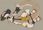  5_fingers 5_toes ankles_tied anthro bdsm biped blush bondage bound chastity_cage chastity_device claws digital_media_(artwork) feet fingers flookz flookz_(character) hands_tied harness hi_res horn long_tail male muzzle_(object) muzzled reptile restrained scalie simple_background solo striped_body stripes tail toes 