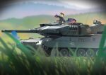  2girls andersonalac black_coat black_hat blonde_hair blue_archive blue_butterfly blurry book boots bug butterfly caterpillar_tracks coat day depth_of_field from_side grass halo hat highres holding holding_book ibuki_(blue_archive) iroha_(blue_archive) leopard_2 military_vehicle motor_vehicle mountainous_horizon multiple_girls on_tank outdoors pandemonium_society_logo peaked_cap purple_halo reading red_hair side_ponytail sleeves_past_fingers sleeves_past_wrists tank tank_turret vehicle_focus vignetting yellow_boots yellow_halo 