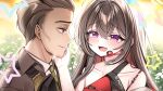  1boy 1girl :d absurdres black_choker black_hair blush brown_eyes character_name choker closed_mouth commentary_request dasom eyelashes goddess_of_victory:_nikke grass hair_between_eyes hand_on_another's_cheek hand_on_another's_face happy_tears headset highres korean_commentary long_hair looking_at_another oswald_(nikke) outdoors pretty_(nikke) profile purple_eyes short_hair single_bare_shoulder smile star_(symbol) star_in_eye symbol_in_eye teardrop tears upper_body 