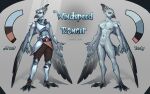  abs anthro armor avian beak bird black_body black_feathers bottomwear brown_eyes claws clothed clothing color_swatch digital_media_(artwork) fan_character feathers headgear helmet hi_res looking_at_viewer male metal metal_armor model_sheet multicolored_body multicolored_feathers muscular muscular_male nipples nude pants scarlet_side simple_background solo tail white_body white_feather wings 