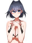  1girl absurdres bikini black_bikini black_hair blue_bow blue_eyes blush bow bow_earrings breasts breasts_squeezed_together cleavage closed_mouth commentary covering_breasts covering_privates earrings embarrassed furrowed_brow hair_between_eyes hair_intakes halterneck highres hololive hololive_english jewelry large_breasts looking_at_viewer ouro_kronii short_hair simple_background solo string_bikini sweat swimsuit upper_body virtual_youtuber white_background yamaki_(yamaki801) 