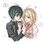  ! 1boy 1girl ahoge akamatsu_kaede black_hair black_jacket blonde_hair blush brown_eyes buttons closed_mouth collared_shirt cropped_torso danganronpa_(series) danganronpa_v3:_killing_harmony double-breasted fu_ga_(vivi912912) hair_between_eyes hair_ornament hetero highres index_finger_raised jacket long_hair long_sleeves musical_note musical_note_hair_ornament necktie open_mouth orange_necktie pink_eyes pink_vest saihara_shuichi shirt short_hair simple_background spoken_blush spoken_exclamation_mark sweatdrop sweater_vest upper_body vest white_background white_shirt 