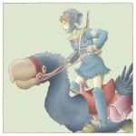  1girl belt blue_boots blue_dress boots border brown_hair commentary_request creature dress gloves green_background green_belt green_gloves guimpe gun gun_on_back holding holding_reins kaufmann_bach kaze_no_tani_no_nausicaa knee_boots long_sleeves mask mask_on_head nausicaa open_mouth pants profile reins riding saddle short_hair solo standing weapon weapon_on_back white_border white_pants 