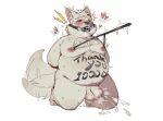 2026 anthro balls black_gag blush bodily_fluids body_writing breath drooling ejaculation embarrassed fur gag gagged genitals half-closed_eyes hands_behind_back heart_pupils heart_symbol kisort kneeling male moobs narrowed_eyes nipple_piercing nipples nude_male overweight overweight_male penis piercing saliva snot solo species_request tail tail_motion tailwag tears white_back white_body white_fur