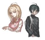  1boy 1girl :d ahoge akamatsu_kaede backpack bag black_hair black_jacket blonde_hair breast_pocket breasts brown_eyes buttons collared_shirt cropped_torso danganronpa_(series) danganronpa_v3:_killing_harmony double-breasted fu_ga_(vivi912912) hair_between_eyes hair_ornament highres jacket long_hair long_sleeves looking_at_viewer musical_note musical_note_hair_ornament necktie open_mouth orange_necktie pink_eyes pink_vest pocket saihara_shuichi school_uniform shirt short_hair simple_background sketch smile sweater_vest teeth upper_body upper_teeth_only vest white_background white_shirt 