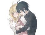  1boy 1girl ahoge akamatsu_kaede black_hair black_jacket blonde_hair blush breasts commentary_request danganronpa_(series) danganronpa_v3:_killing_harmony from_side fu_ga_(vivi912912) hair_ornament hetero highres hug hug_from_behind jacket long_hair long_sleeves musical_note musical_note_hair_ornament necktie pink_eyes pink_vest saihara_shuichi shirt short_hair simple_background striped_clothes sweater_vest upper_body vest white_background white_shirt 