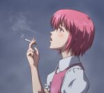  1girl between_fingers blowing_smoke cigarette collared_shirt commentary_request from_side grey_background hand_up holding holding_cigarette open_mouth pink_eyes pink_hair pink_vest portrait profile puffy_short_sleeves puffy_sleeves sakuraba_tsukasa shirt short_hair short_sleeves smoke smoke_trail smoking solo toaru_majutsu_no_index tsukuyomi_komoe vest white_shirt 
