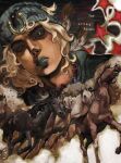  1boy beanie blonde_hair blue_eyes blue_hat blue_hoodie blue_lips commentary english_commentary feathers flaming_eye hat highres hood hood_down hoodie horse horse_print horseshoe_hat_ornament horseshoe_ornament jinazugawa johnny_joestar jojo_no_kimyou_na_bouken makeup male_focus medium_hair solo star_(symbol) star_print steel_ball_run 