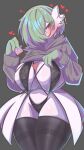  1girl alternate_costume black_thighhighs blush breasts cleavage commentary condom condom_wrapper earrings gardevoir hair_over_one_eye heart heart-shaped_pupils highres holding holding_condom huge_breasts jewelry lingerie looking_at_viewer patato_king pokemon pokemon_(creature) solo symbol-shaped_pupils thick_thighs thighhighs thighs underwear wide_hips 