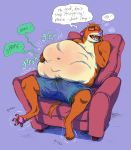  934 2019 abdominal_bulge anthro aroused belly big_belly bottomwear breath brown_body brown_fur chair clothed clothing ejaculation erection eyewear fangs fur furniture glasses hand_on_stomach hi_res least_weasel male male_pred mammal mustela mustelid musteline panting rumbling_stomach shaking shorts solo topless trembling vore 