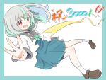  1girl :d ankle_socks bafuko_(vtuber) black_bodysuit blue_border blue_dress blush bodysuit border bow bowtie brown_shoes collarbone colored_inner_hair commentary_request cropped_shirt crossed_bangs dress finger_counting full_body green_bow green_bowtie green_hair grey_hair grey_sailor_collar hair_ornament hairpin highres indie_virtual_youtuber loafers long_hair long_sleeves looking_at_viewer multicolored_hair open_mouth outside_border outstretched_arm pleated_dress reaching reaching_towards_viewer red_eyes sailor_collar shirt shoes sidelocks simple_background smile socks solo streaked_hair totomono white_background white_shirt white_socks 