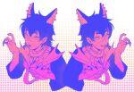  2boys :d :o animal_collar animal_ear_earrings animal_ear_fluff animal_ears black_nails claw_pose collar commentary_request cropped_torso dual_persona earrings fangs fingernails garu_(nu_carnival) hair_between_eyes halftone halftone_background hands_up highres jewelry karu_(nu_carnival) limited_palette long_fingernails looking_at_viewer male_focus multiple_boys multiple_earrings neon_palette nu_carnival open_mouth scar scar_on_face scar_on_nose short_hair smile spiked_collar spikes symmetry teeth upper_teeth_only upturned_eyes user_hmvk4878 white_background wolf_boy wolf_ears 