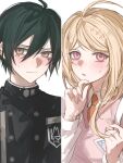  1boy 1girl :o ahoge akamatsu_kaede black_hair black_jacket blonde_hair blush brown_eyes buttons closed_mouth collared_shirt danganronpa_(series) danganronpa_v3:_killing_harmony double-breasted fu_ga_(vivi912912) hair_between_eyes hair_ornament hand_up highres jacket long_hair long_sleeves looking_at_viewer musical_note musical_note_hair_ornament necktie open_mouth orange_necktie pink_eyes pink_vest saihara_shuichi shirt short_hair simple_background sweatdrop sweater_vest upper_body vest white_background white_shirt 
