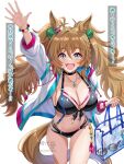  1girl animal_ears arms_up bag bikini black_bikini blast_onepiece_(umamusume) blue_eyes blush breasts brown_hair cleavage collarbone commentary_request cowboy_shot highres horse_ears horse_girl horse_tail jacket jewelry large_breasts long_hair long_sleeves looking_at_viewer necklace open_clothes open_jacket open_mouth simple_background smile solo star_(symbol) star_necklace swimsuit tail thighs transparent_bag tsukiyuki_mike umamusume waving white_background white_jacket 