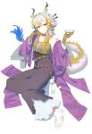  1girl absurdres arknights bare_shoulders belt blonde_hair blue_hair braid brown_belt brown_pants camisole choker closed_mouth coat collarbone colored_extremities commentary cup dragon_girl dragon_horns dragon_tail drink earrings english_commentary eyeliner flower frilled_sleeves frills fruit_earrings full_body grey_eyes hair_between_eyes hair_flower hair_ornament highres holding holding_drink horns jewelry long_hair long_sleeves looking_at_viewer makeup mixed-language_commentary multicolored_hair no_socks off_shoulder official_alternate_costume pants pink_coat pointy_ears quietmrcat red_eyeliner sakazuki sandals shu_(arknights) shu_(spring_feast)_(arknights) simple_background skirt smile solo spaghetti_strap table tail white_background white_hair white_sandals white_skirt yellow_camisole yellow_choker 